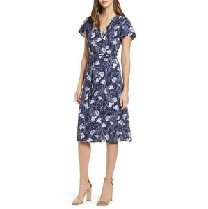Leith Wrap Dress Dark Floral Printed Blue Dainty Boho V-Neck